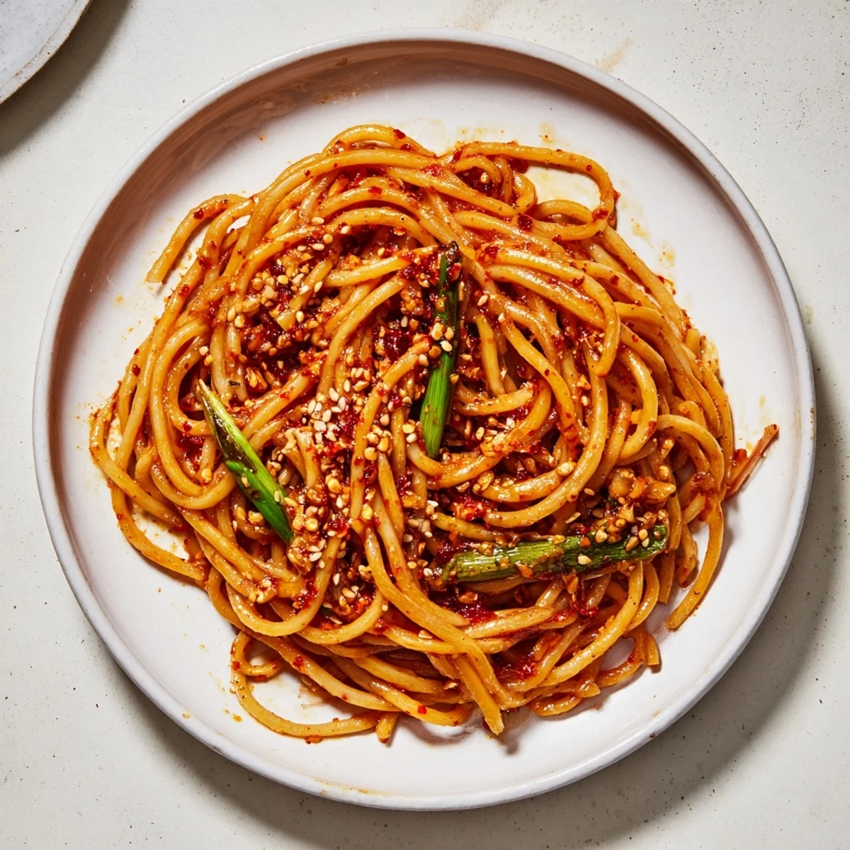 Steaming bowl of Garlic Chili Oil Noodles, a vibrant and spicy vegan meal, ready to serve.