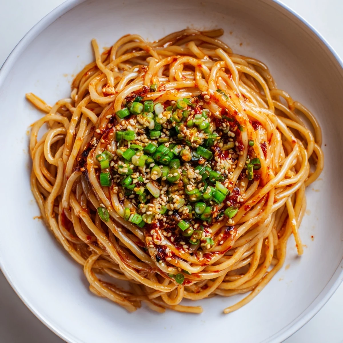 Close-up of freshly made Garlic Chili Oil Noodles with sesame seeds, showcasing the delicious ingredients.