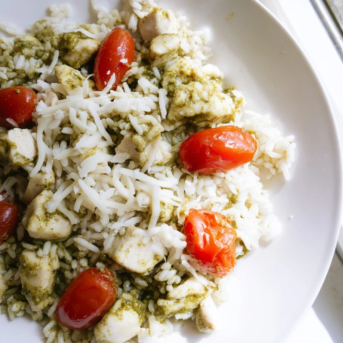 Chicken Pesto Rice Bake bubbling in a baking dish, with melted cheese and juicy tomatoes visible.
