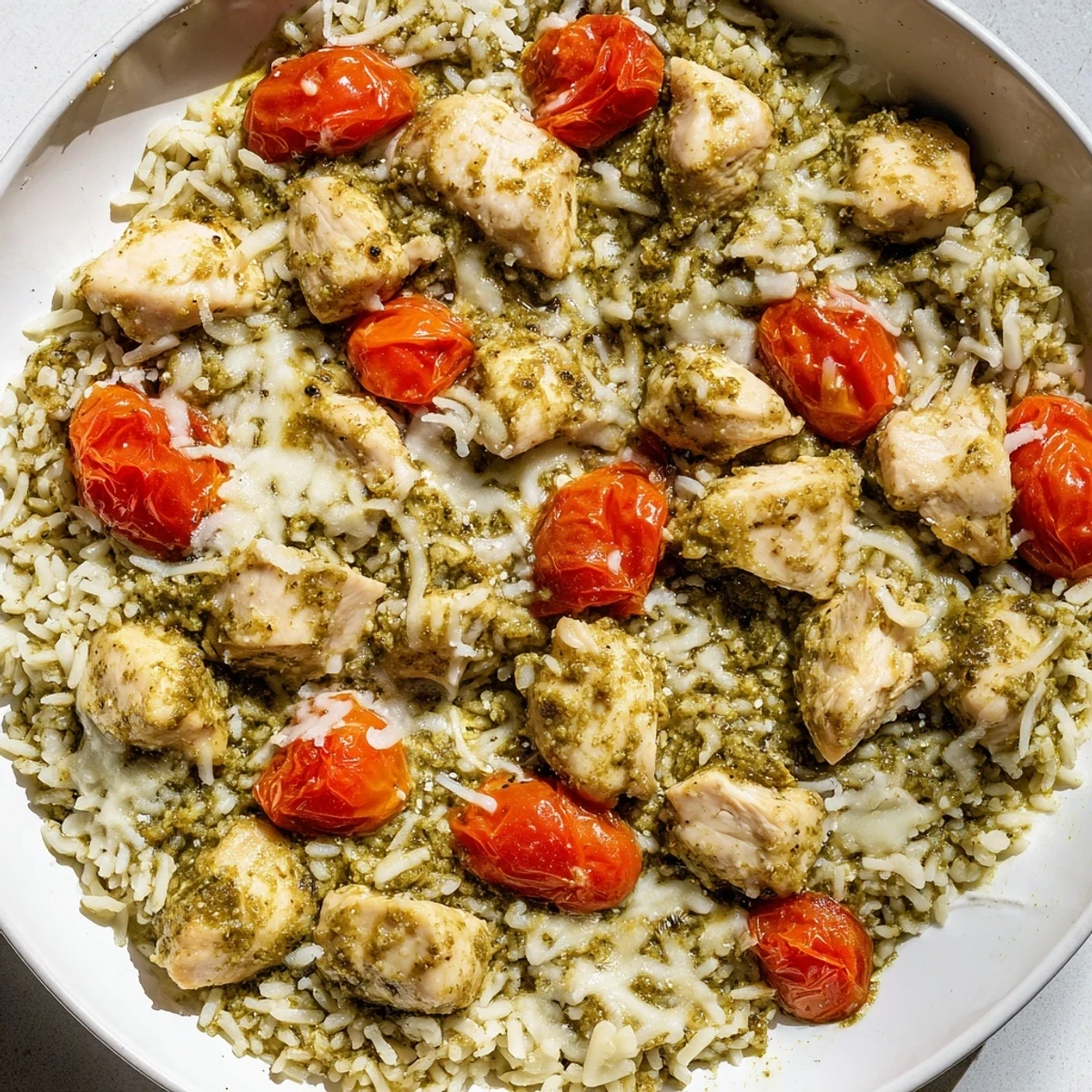 Golden, cheesy Chicken Pesto Rice Bake fresh out of the oven, ideal for a comforting weeknight meal.