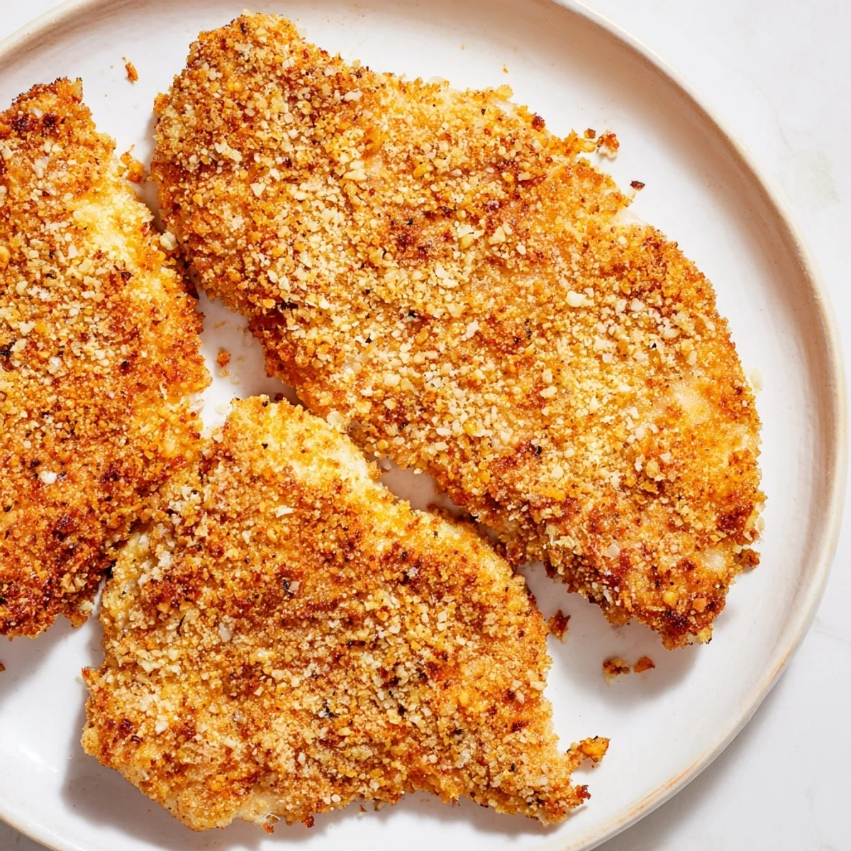 Crispy air fryer chicken cutlets, golden-brown and ready to serve with a squeeze of lemon.
