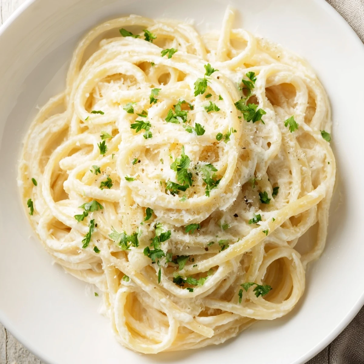 A quick, homemade Pasta Alfredo Cottage Hack, featuring a smooth, blended cottage cheese sauce.