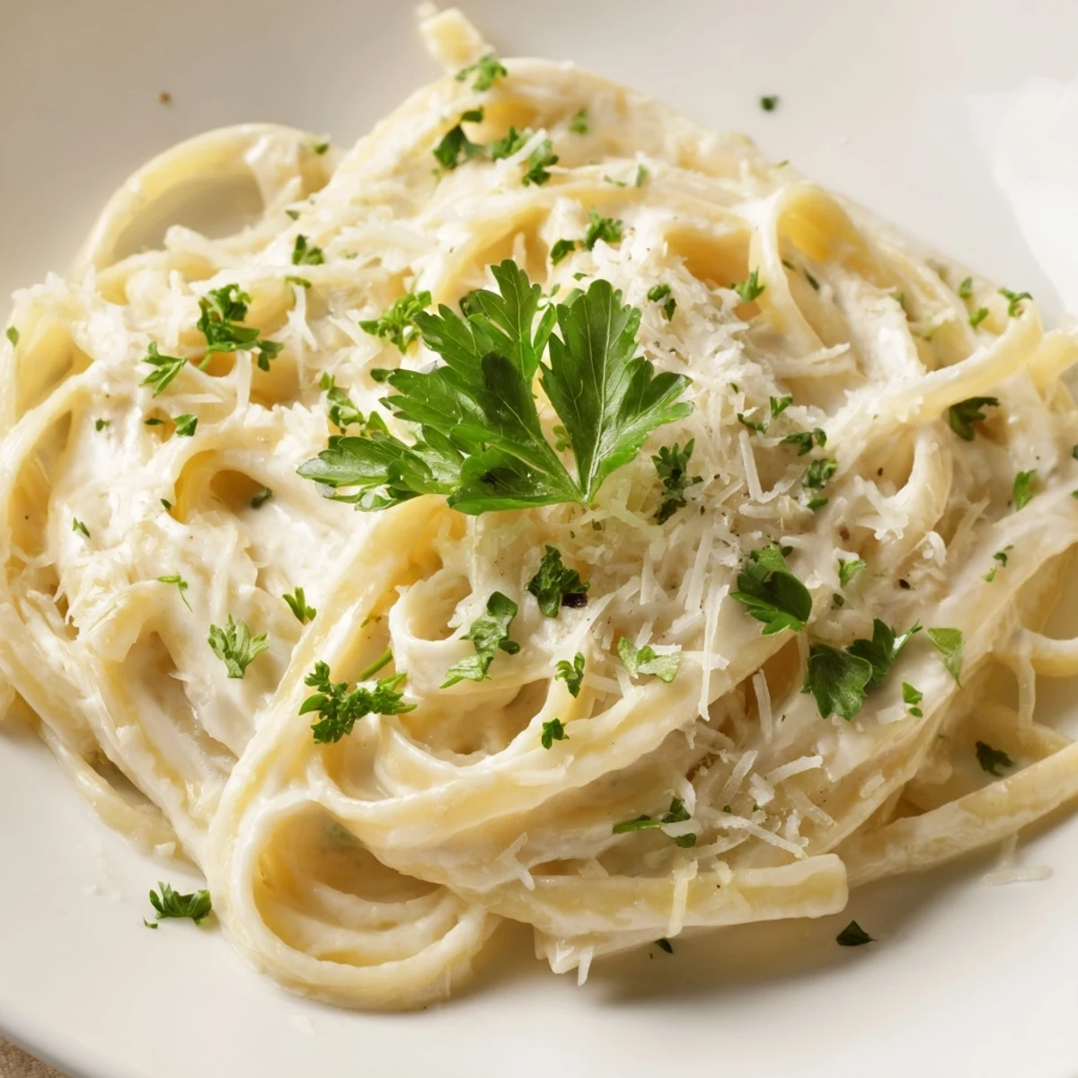 Creamy Pasta Alfredo Cottage Hack, coated with parsley, looks rich and incredibly flavorful.