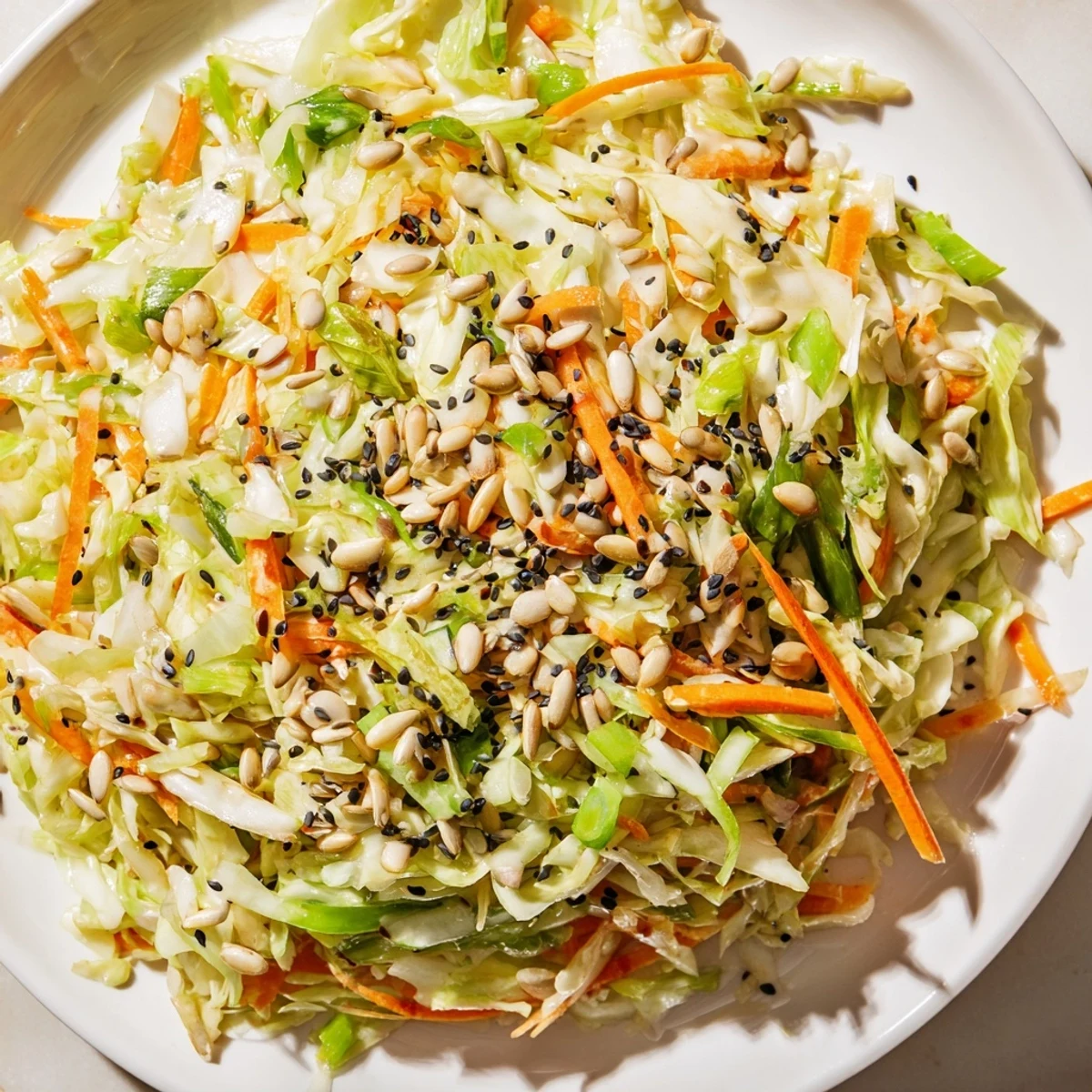 A colorful Cabbage-Core Slaw Salad, bursting with crunchy vegetables and a sesame dressing.
