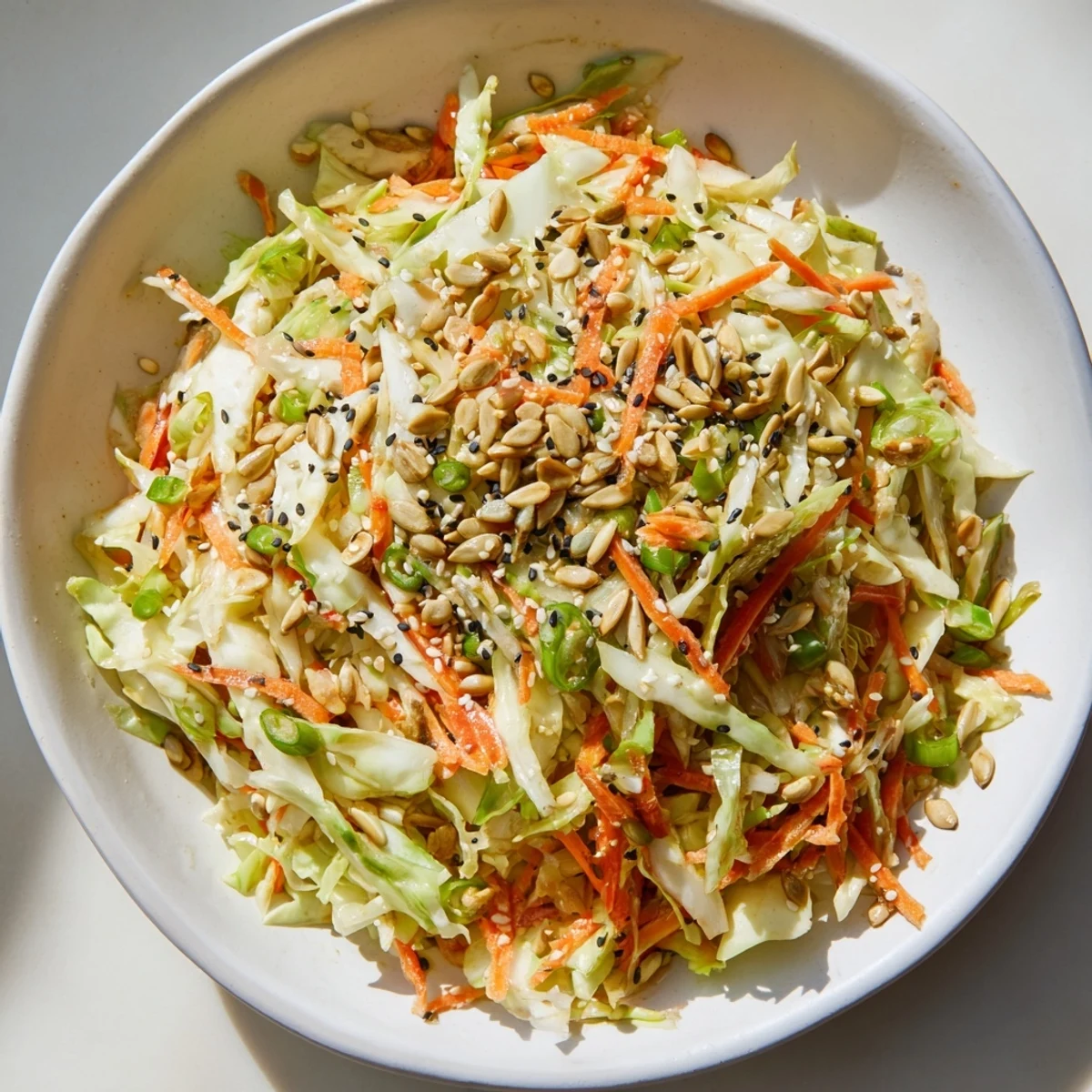 Freshly tossed Cabbage-Core Slaw Salad with toasted seeds, perfect for a light and refreshing meal.