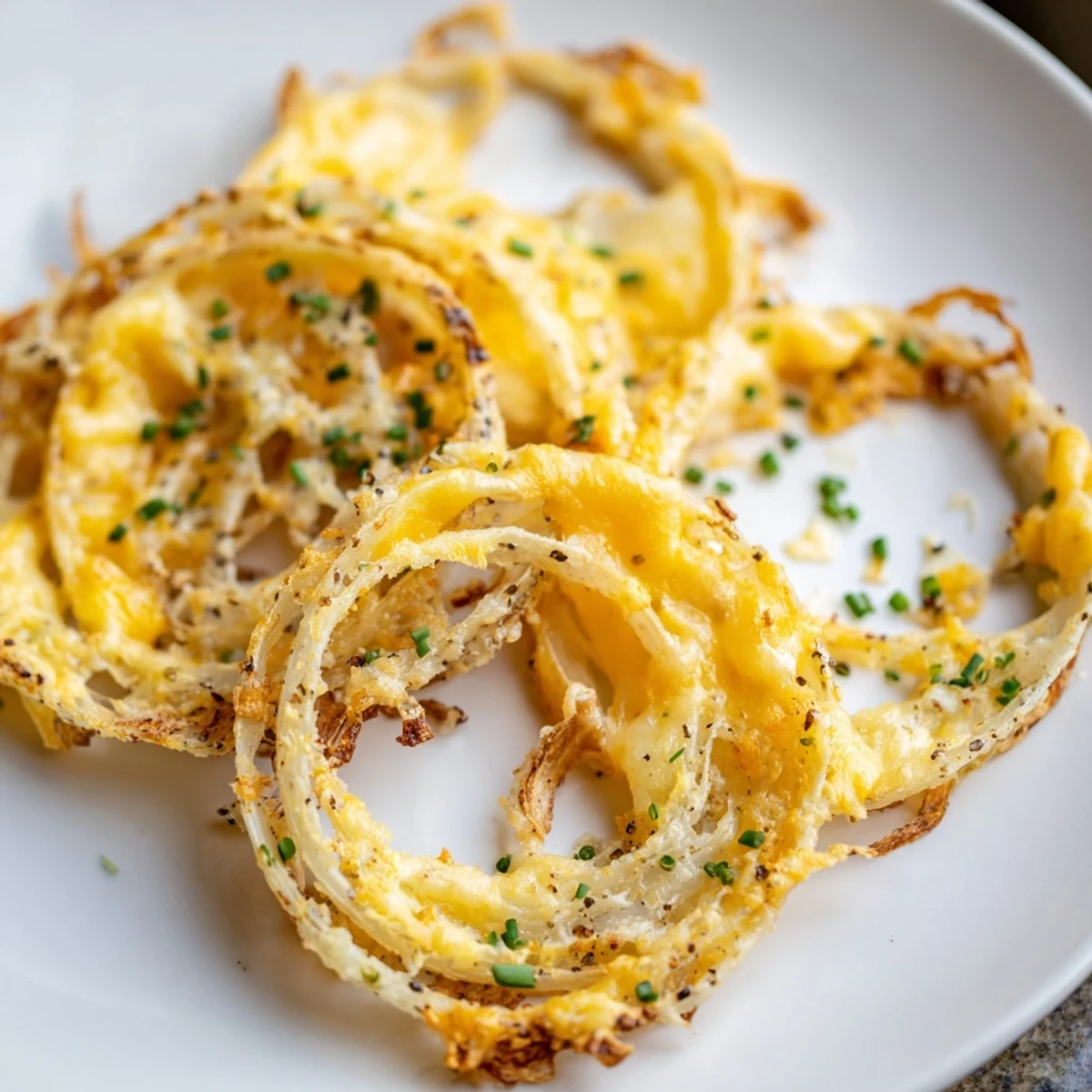 Golden, bubbly Crispy Onion Cheese Chips, a low-carb treat with melted cheese atop crispy rings.