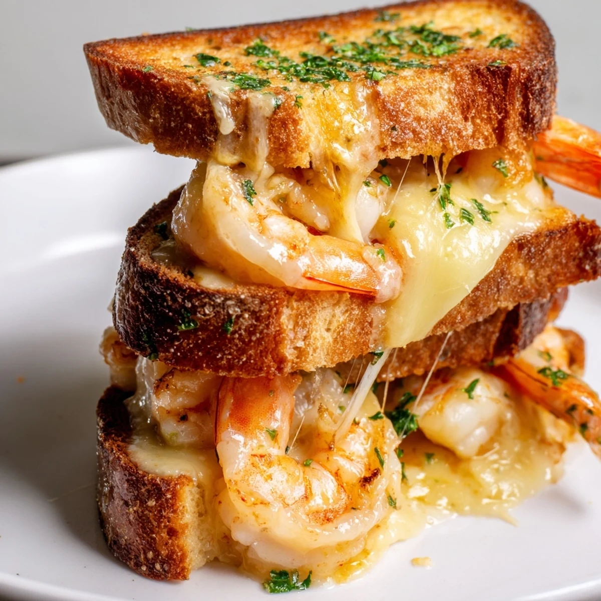 Quick Shrimp Grilled Cheese, featuring golden crusts and oozing, melted cheese, ready to be sliced.