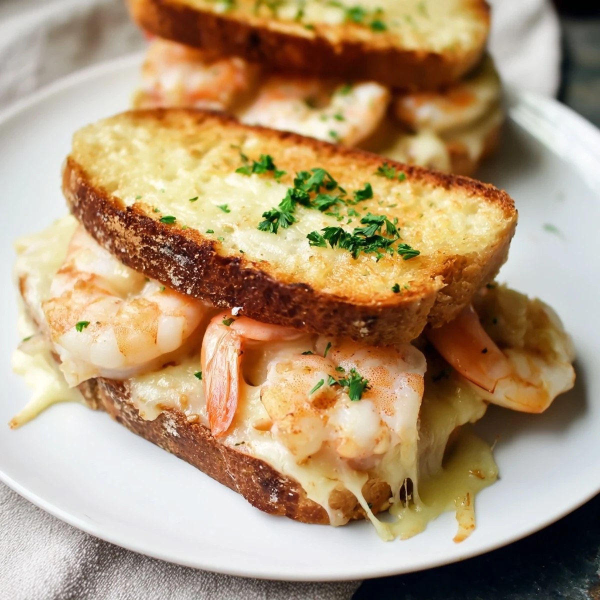 Perfectly toasted sourdough cradles the cheesy, garlicky shrimp within this Quick Shrimp Grilled Cheese delight.