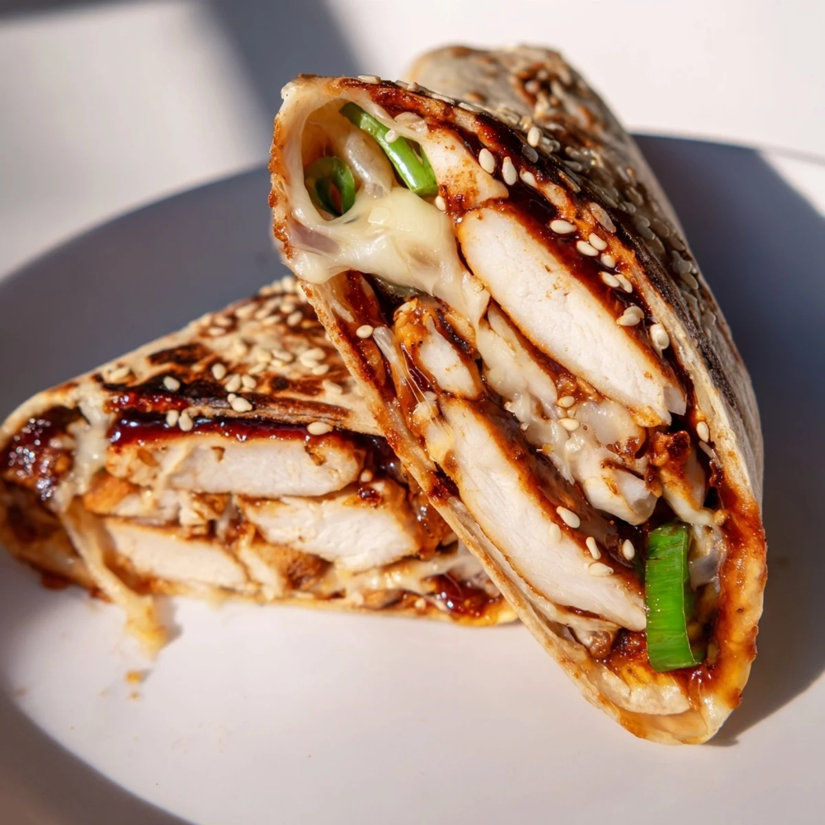 Crispy, buttery Korean BBQ Chicken Wrap Grilled Cheese, a delicious fusion of flavors and textures.