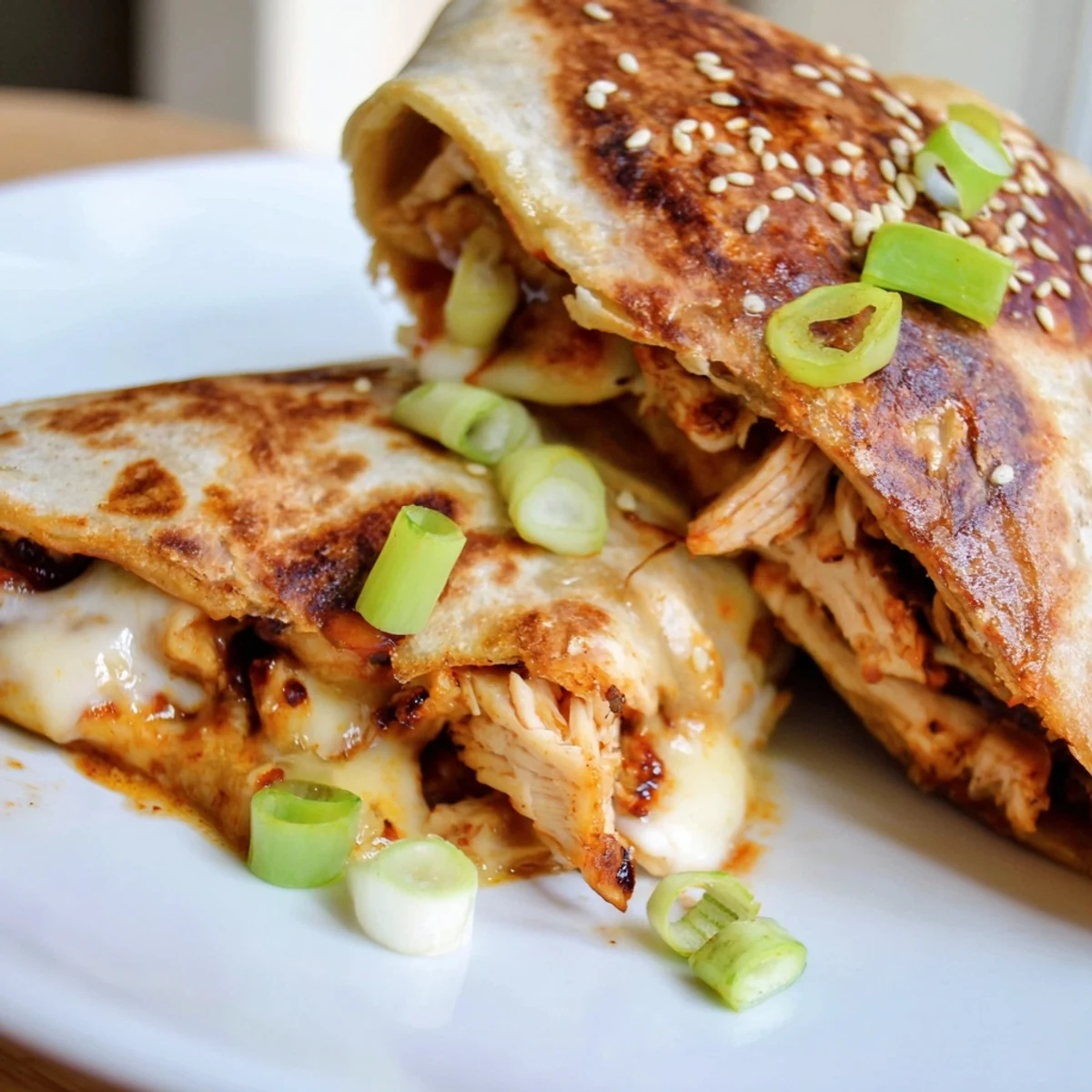 Golden-brown Korean BBQ Chicken Wrap Grilled Cheese, oozing melted cheese and savory chicken filling.