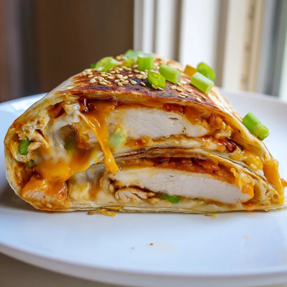 This photo showcases a tasty Korean BBQ Chicken Wrap Grilled Cheese, ready to be sliced and enjoyed.