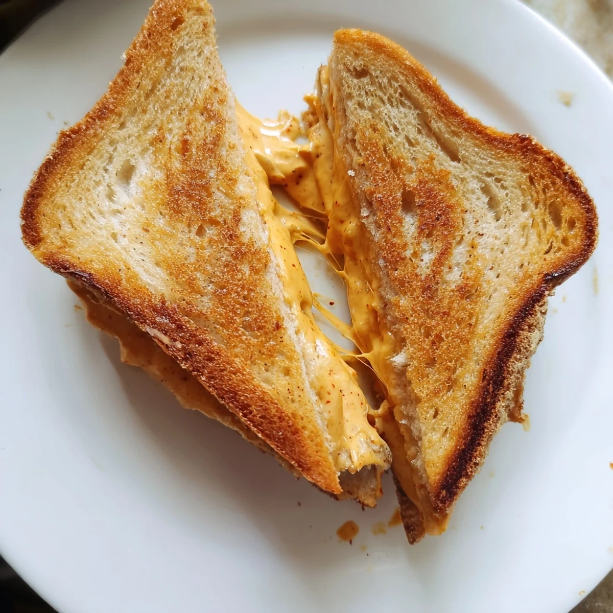 Melted cheese pull from a freshly grilled Honey Chipotle Butter Grilled Cheese, ideal with tomato soup.