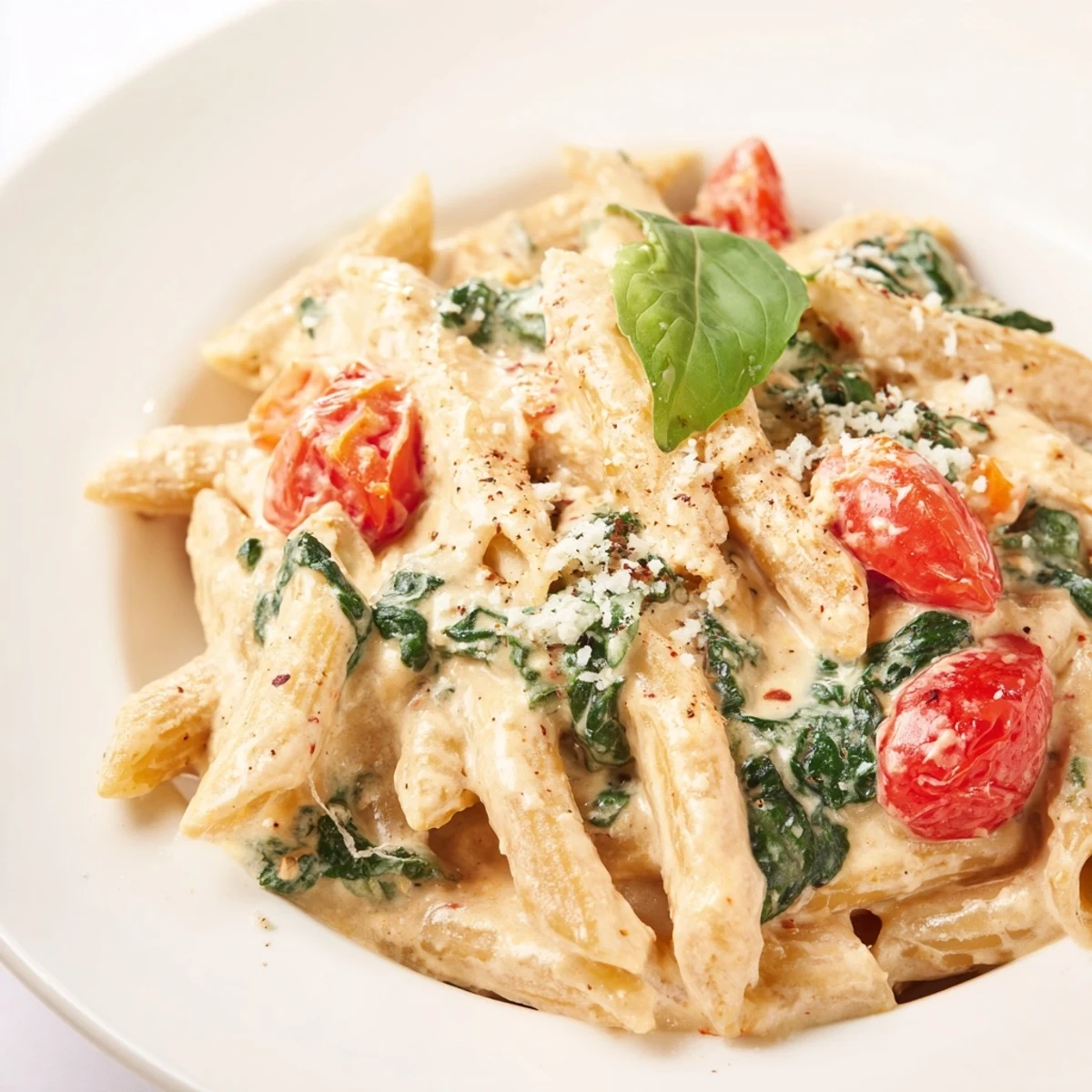 Creamy Cottage Cheese High-Protein Pasta with vibrant spinach and juicy tomatoes, ready to eat.