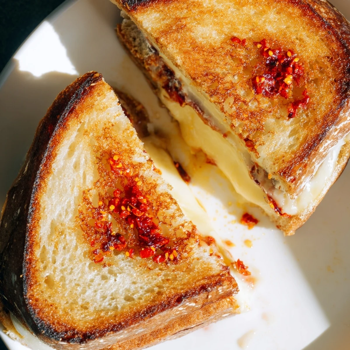 Golden, melted Brie and Chili Crisp Grilled Cheese, a gourmet treat, perfectly toasted and ready to eat.