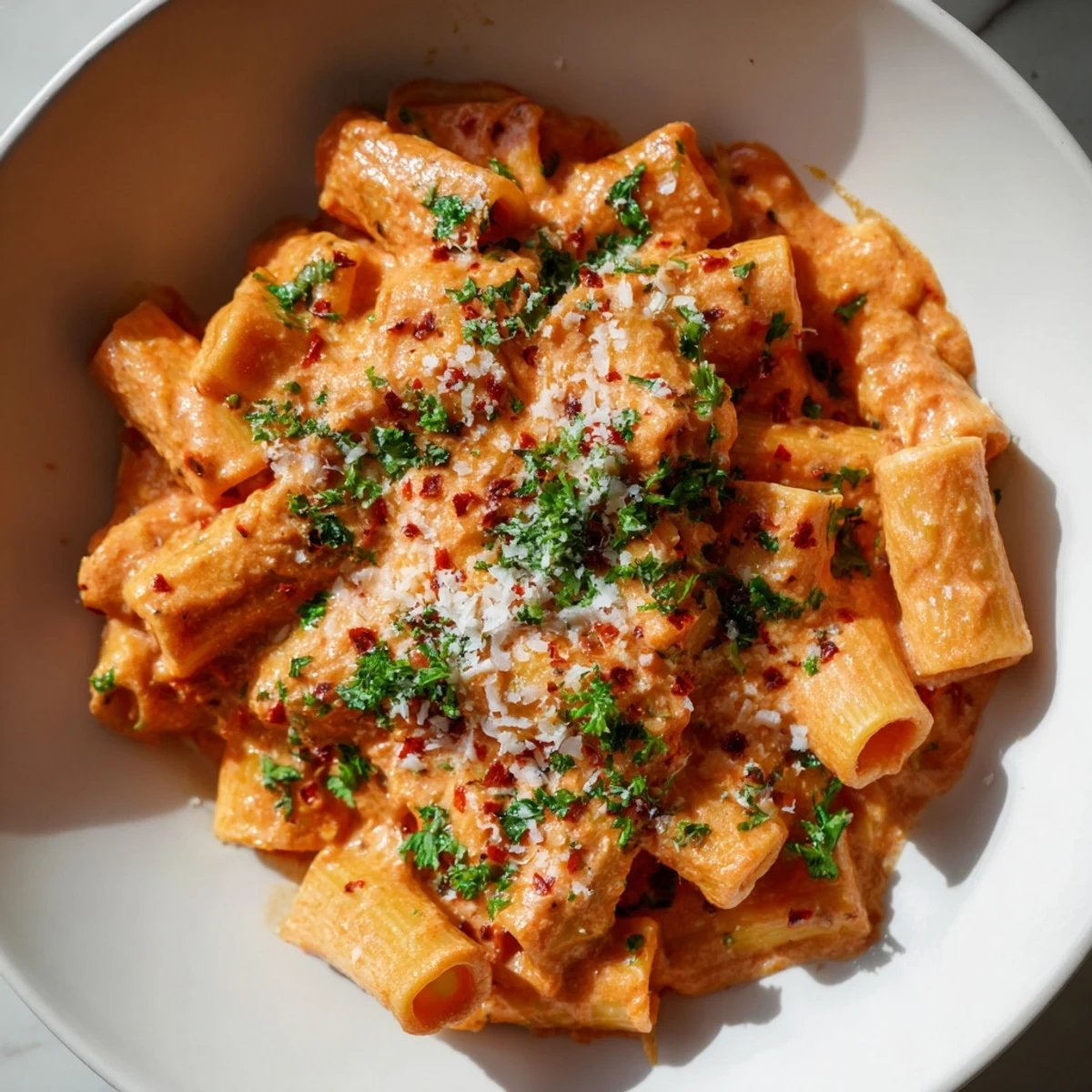 Steaming bowl of Gigi Hadid-style spicy rigatoni: creamy pasta coated in red tomato sauce with fresh herbs.
