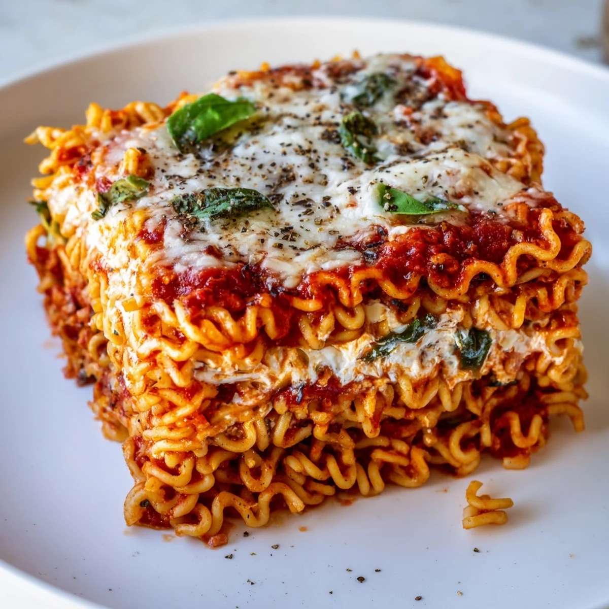 Golden-brown bubbling Ramen Lasagna; cheesy layers of saucy noodles, and melted mozzarella.