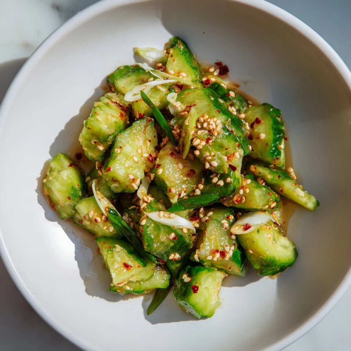 Freshly prepared Chinese Spicy Smashed Cucumber Salad, tossed in a savory dressing with visible chili flakes.