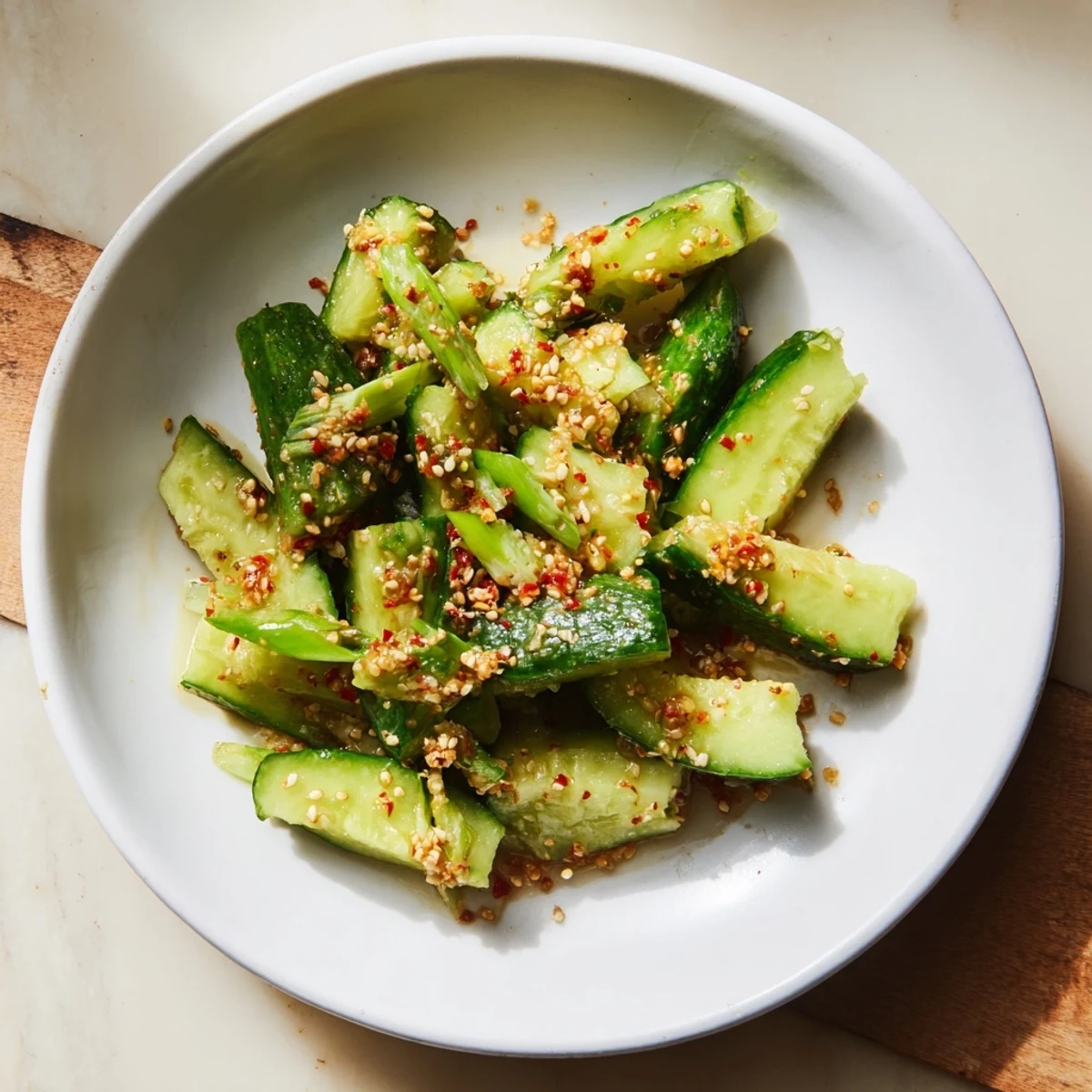 Close-up of the finished Chinese Spicy Smashed Cucumber Salad, ready to eat, garnished with sesame seeds.