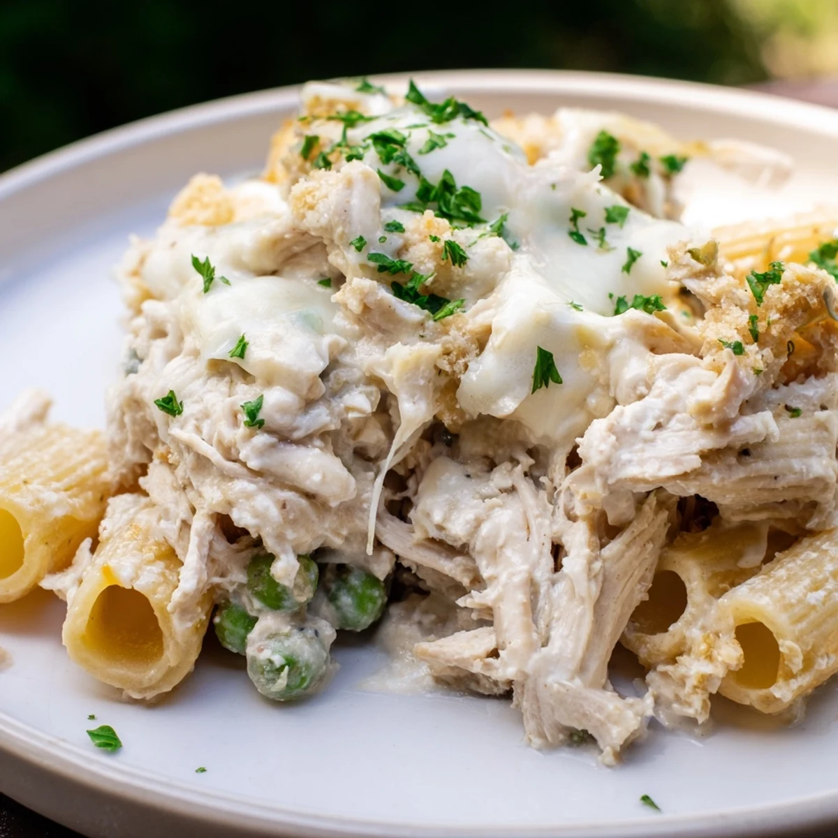 A beautiful, steaming serving of slow cooker chicken Alfredo pasta bake with parsley garnish.