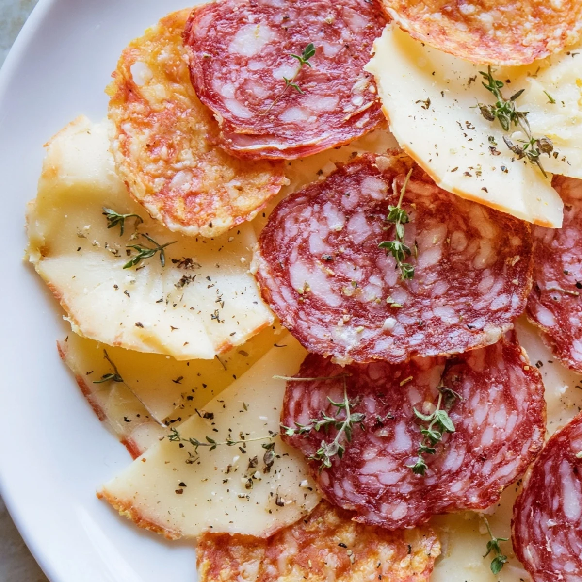 Perfectly baked charcuterie chips: flavorful, low-carb snacks made with salami and Gouda cheese.