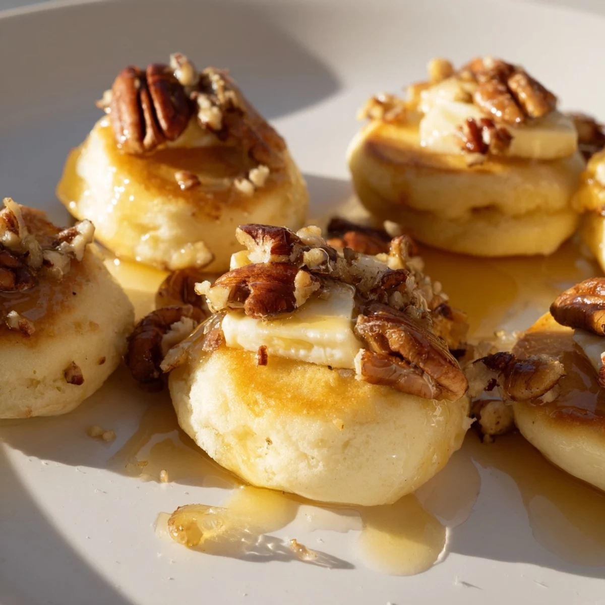 Golden-brown Pancake Brie Bites, a delightful appetizer with warm, melted cheese inside.