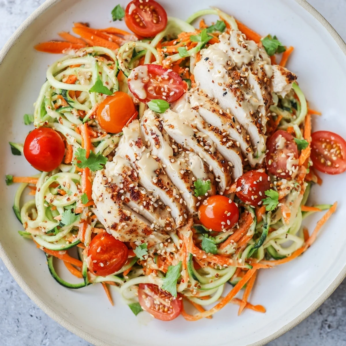 Grilled chicken and spiralized cucumber in a vibrant Protein Cucumber Salad, ready to enjoy.