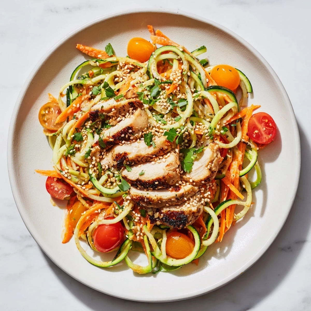Fresh, colorful Protein Cucumber Salad with juicy grilled chicken and a creamy sesame dressing.