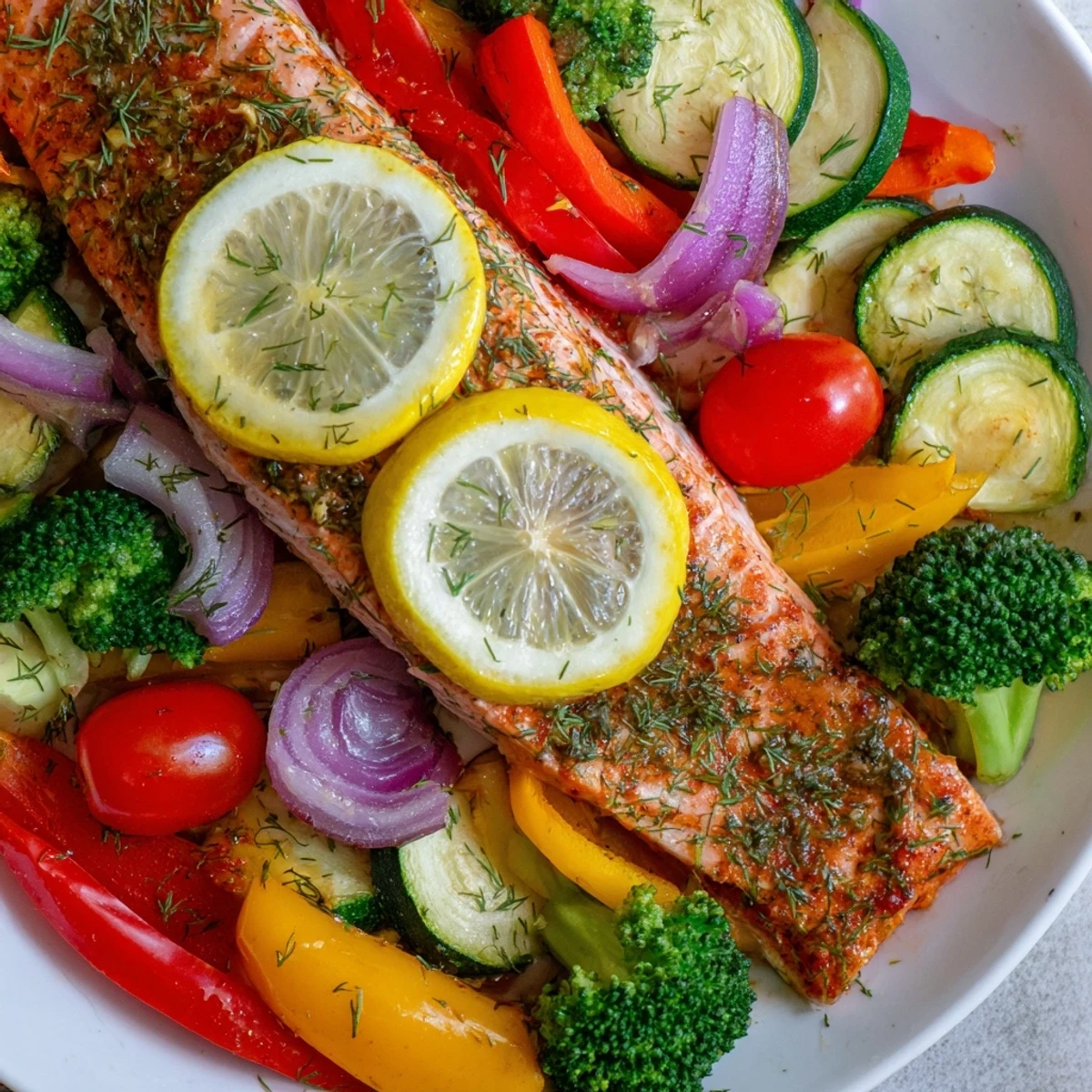Tender salmon sheet pan bake with colorful roasted vegetables, ready to serve with lemon.