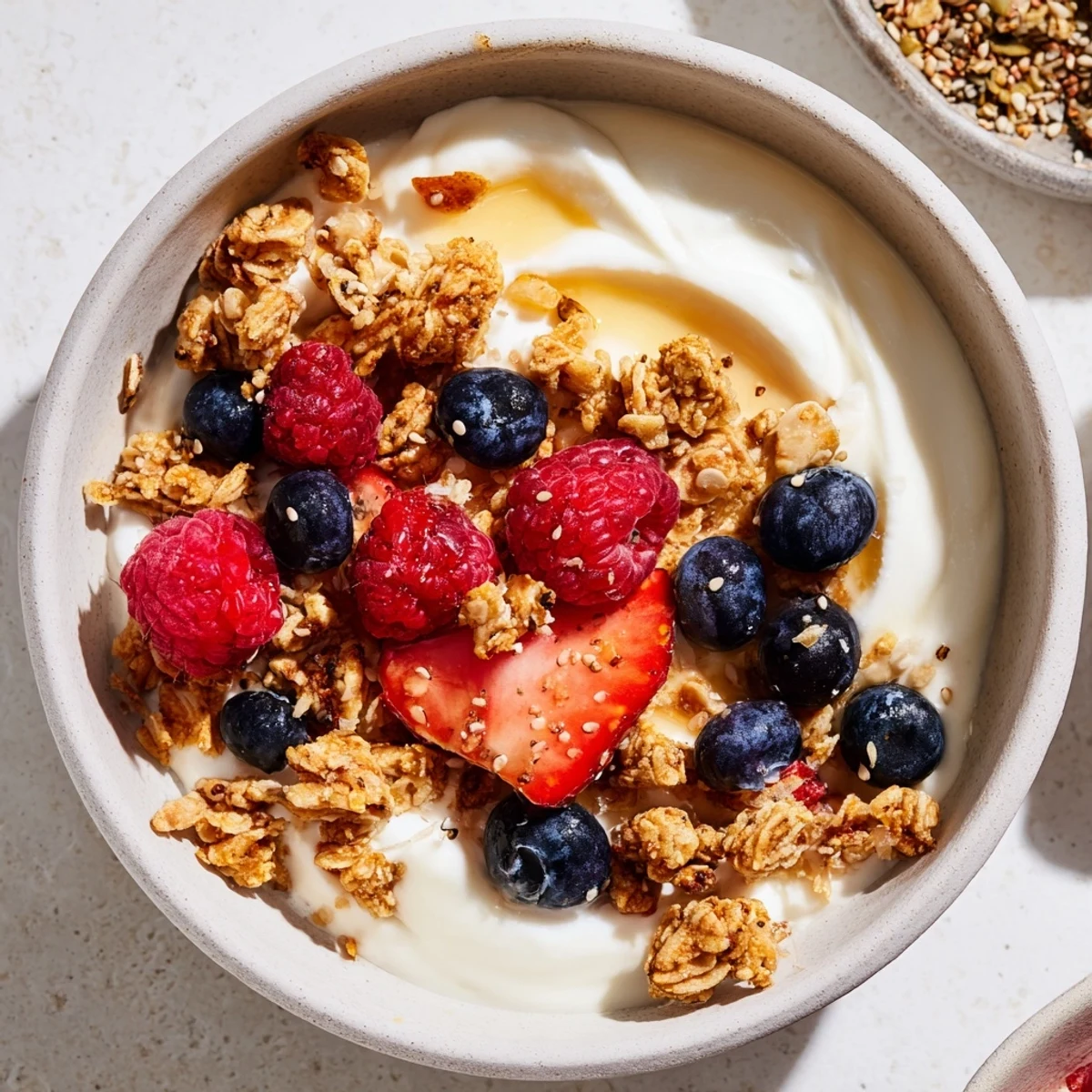 Creamy dry yogurt bowl with fresh berries and crunchy granola, a perfect breakfast.