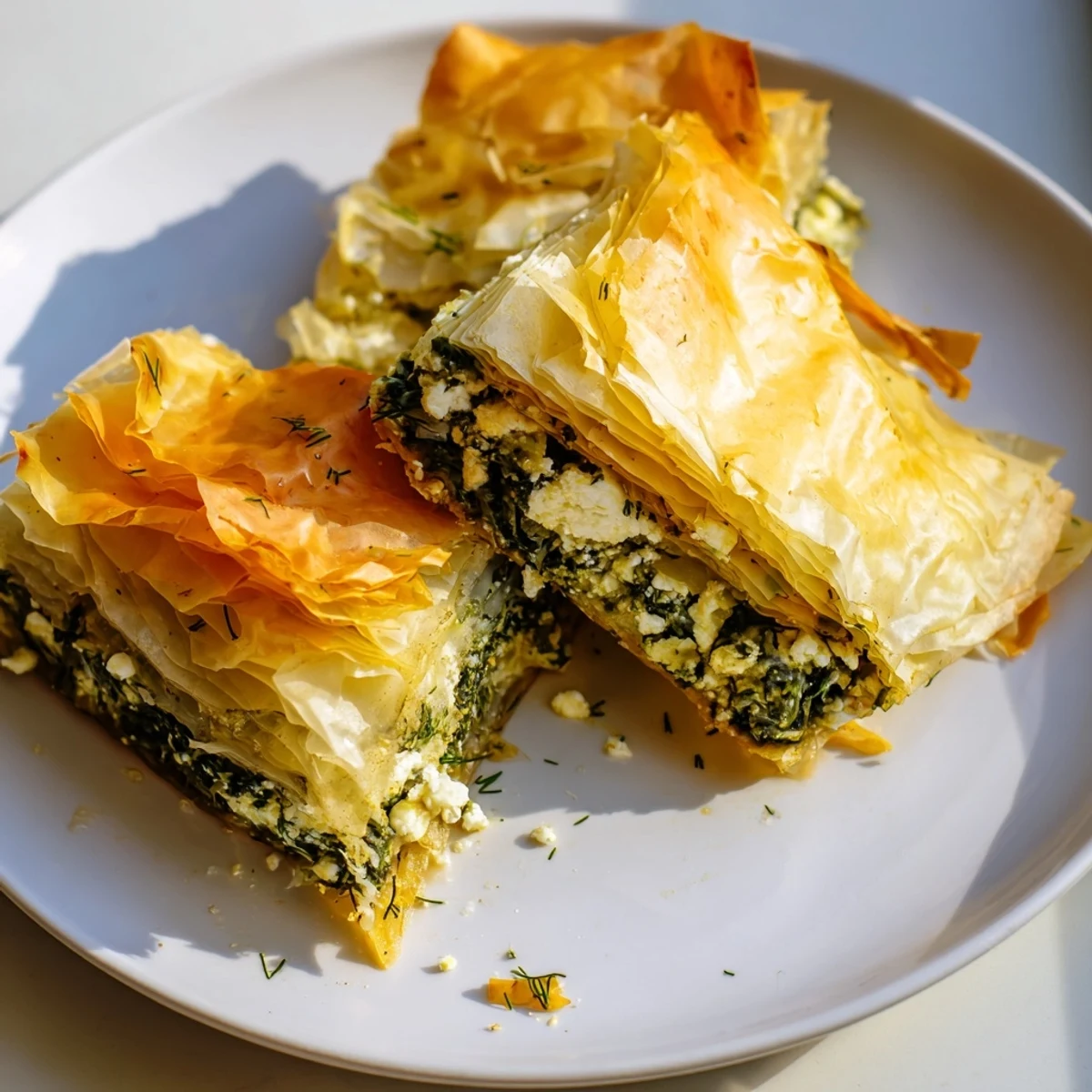 Golden, flaky layers of Greek spanakopita freshly baked and ready to eat with friends.