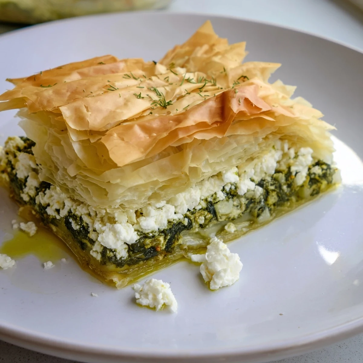 A close-up of a bubbling, savory Greek spanakopita, showing the delicious spinach and feta filling.