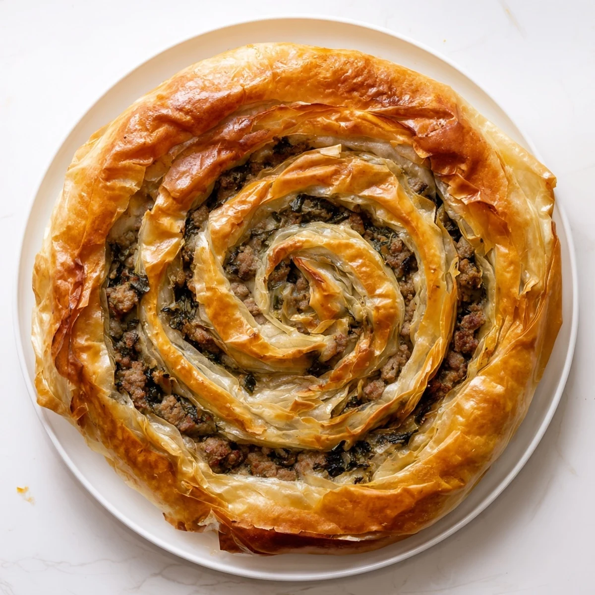 A close-up of a freshly baked Bosnian Burek, its crispy layers revealing a flavorful meat and spinach filling.