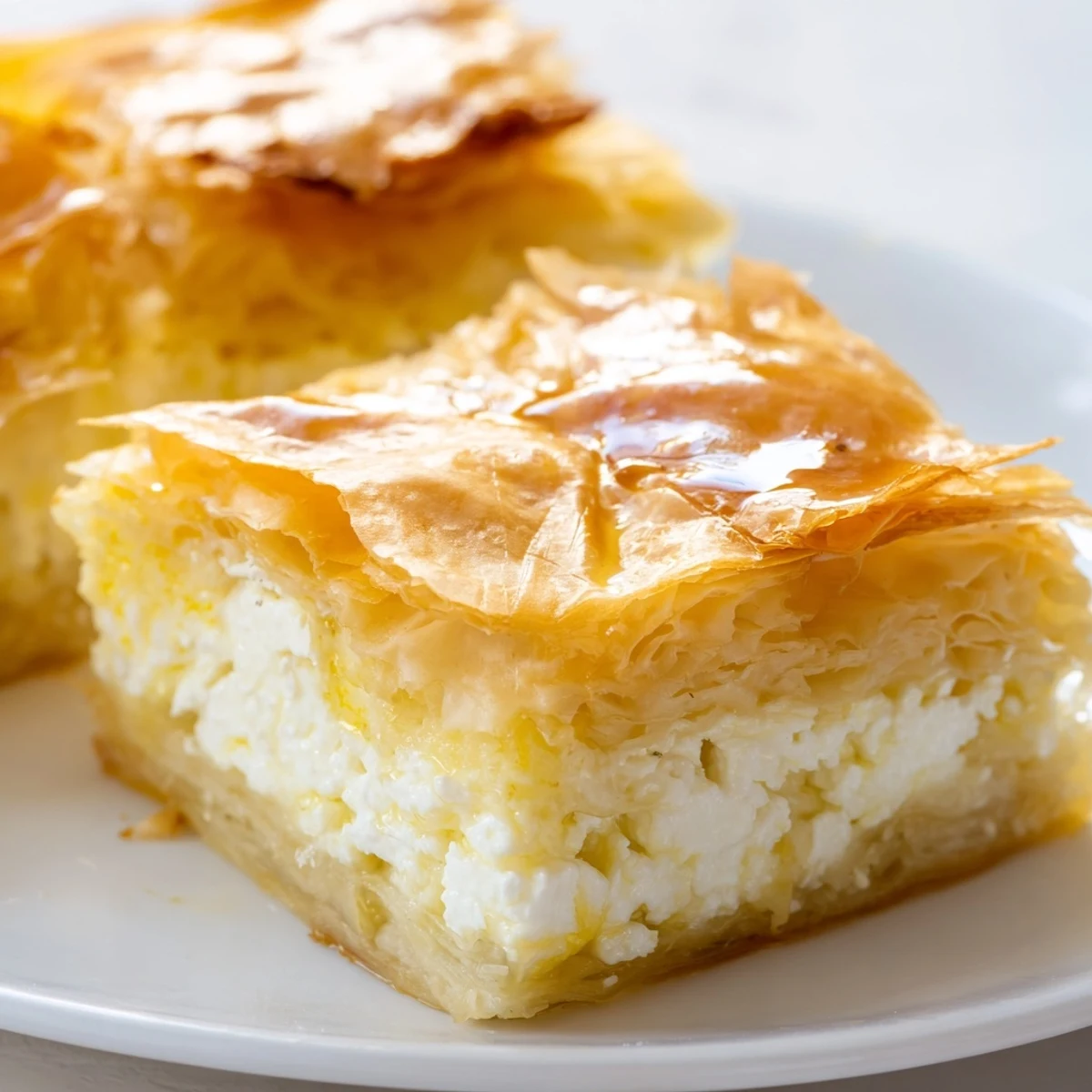 Golden, flaky layers of Serbian Gibanica cheese pie, baked to a perfect, crispy texture.
