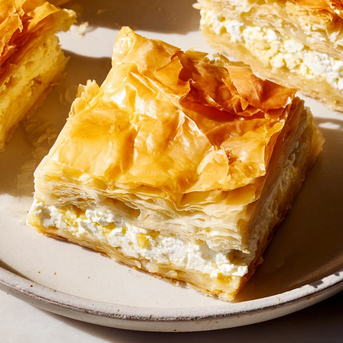 Savory Serbian Gibanica, a layered cheese pie with a creamy, feta and cottage cheese filling.