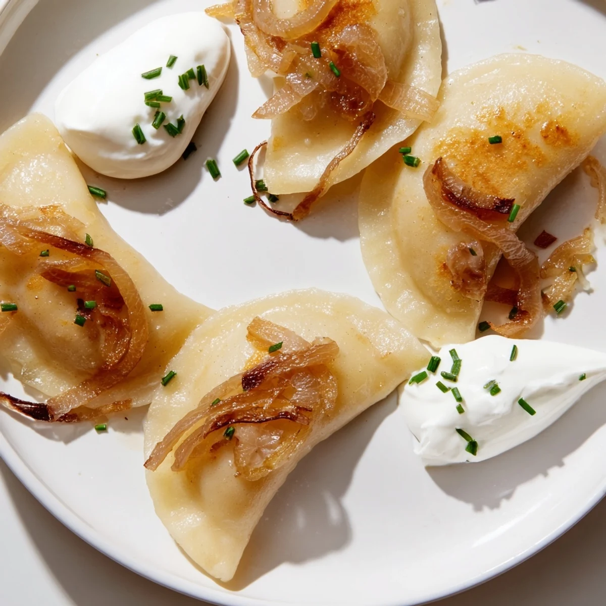 Golden-brown Polish pierogi dumplings, boiled and pan-fried, alongside sweet caramelized onions.