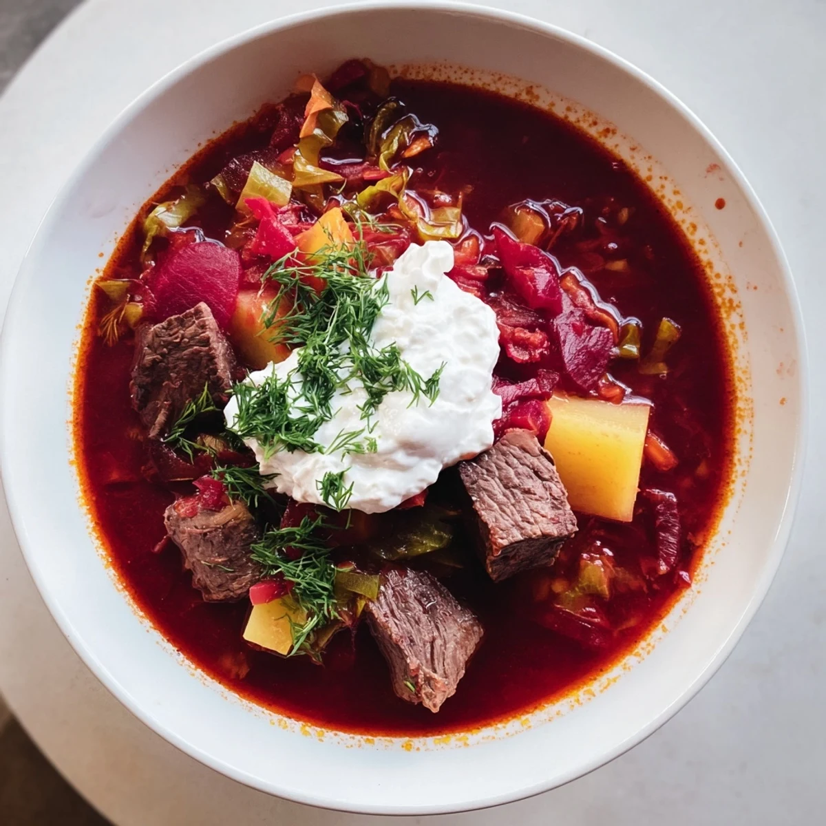 Steaming Ukrainian Borscht soup, with bright red broth and a creamy dollop of sour cream, ready to serve.