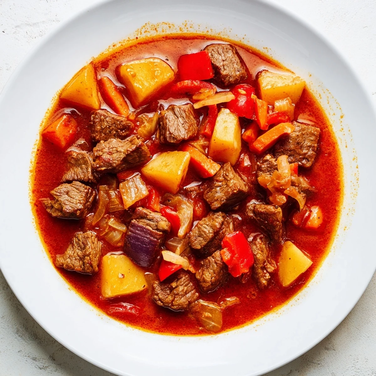 A steaming bowl of Hungarian Goulash Stew with tender beef and vibrant red peppers.