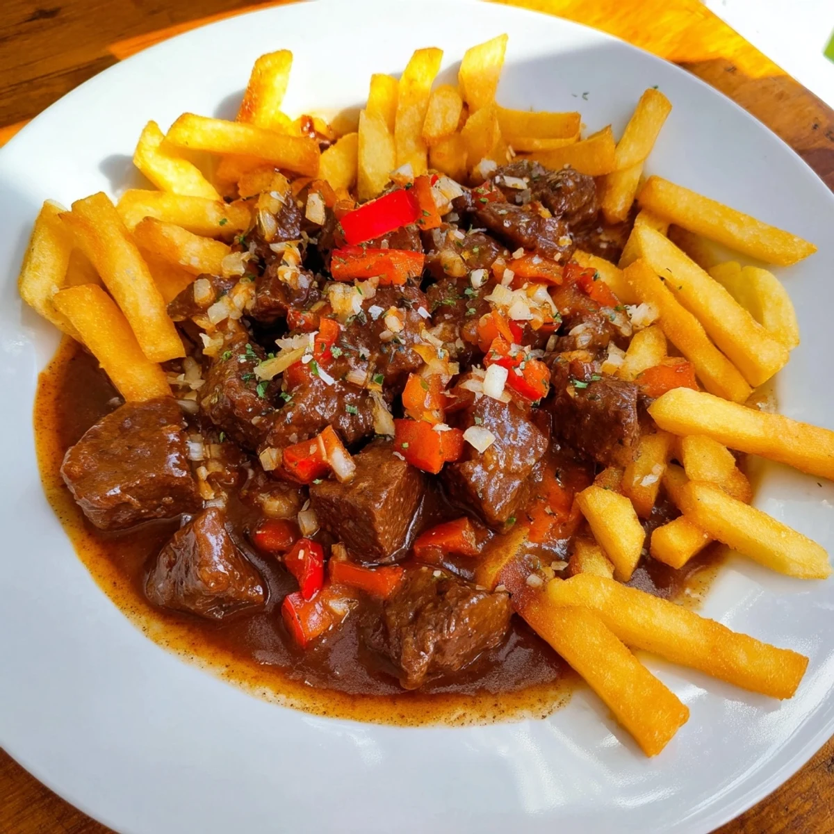 Steaming Czech Goulash potato, slow-cooked beef with a rich paprika sauce and crunchy fried potatoes.