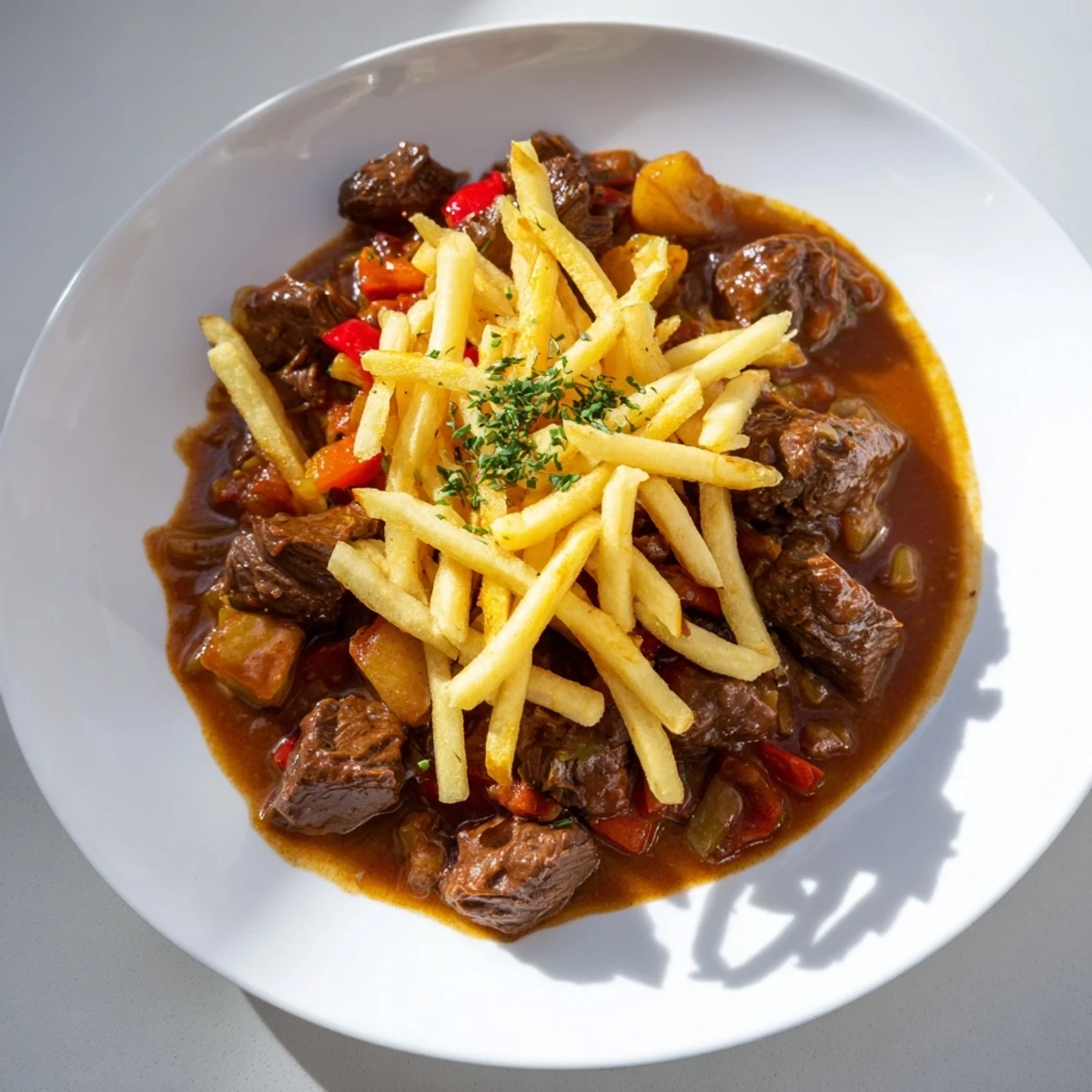 A bowl of hearty Czech Goulash potato, garnished and ready to be enjoyed with flavorful fried potatoes.