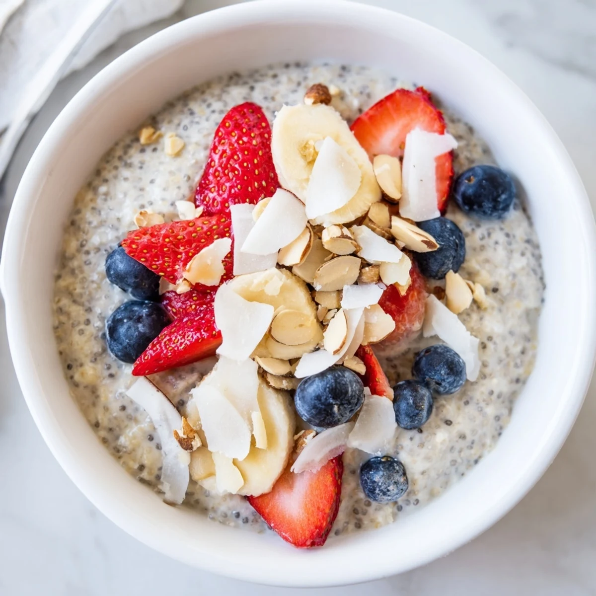 Golden chia seed pudding in a bowl with banana slices and a sprinkle of chopped nuts.