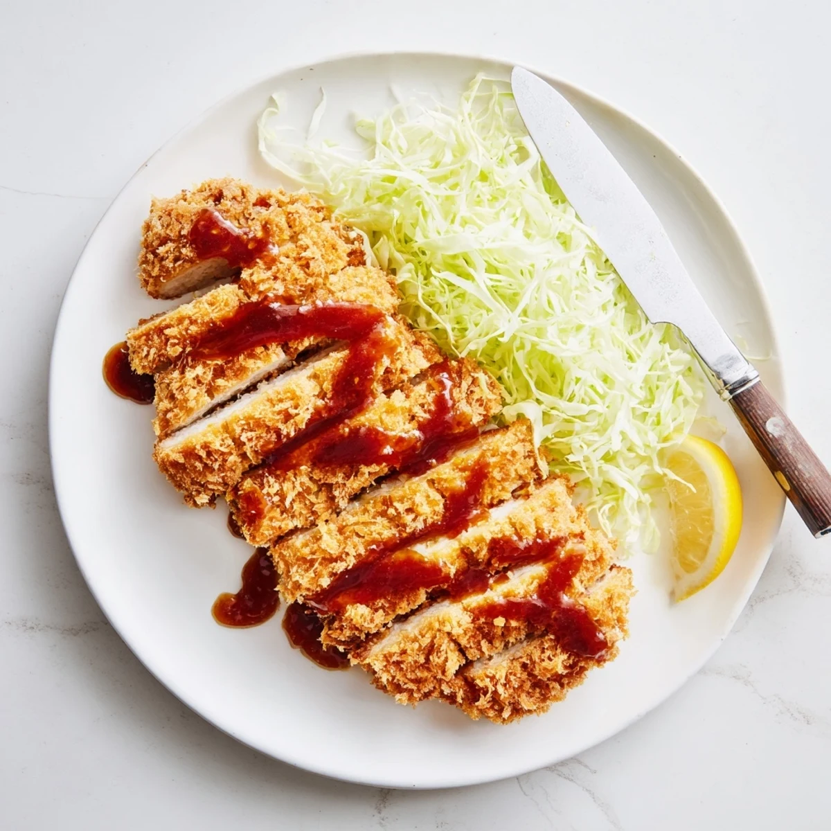 Juicy, panko-crusted Chicken Katsu cutlets fried to perfection, paired with shredded cabbage and a lemon wedge for brightness.