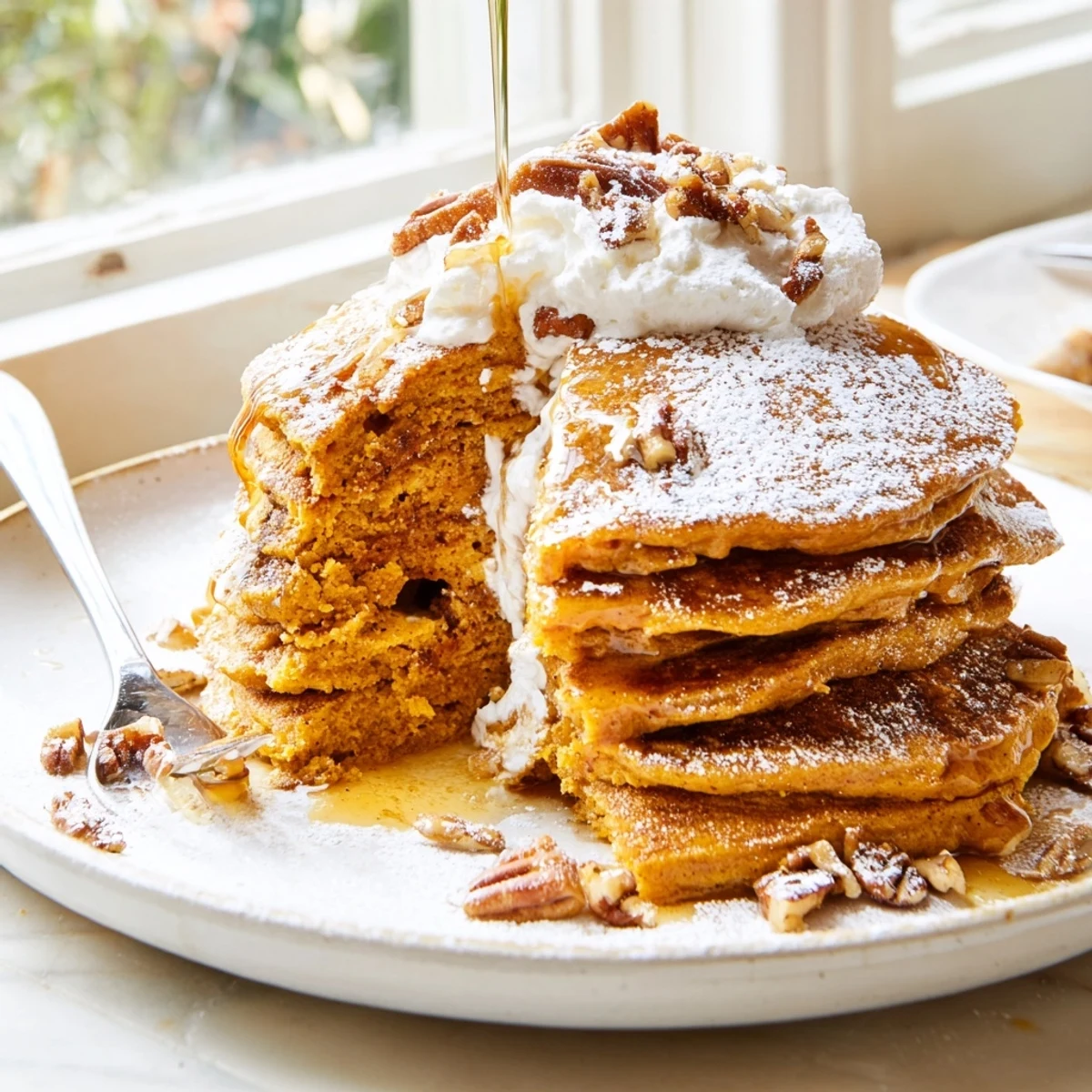 A stack of warm, fluffy pumpkin spice pancakes drizzled with maple syrup, topped with a dollop of whipped cream and chopped pecans.