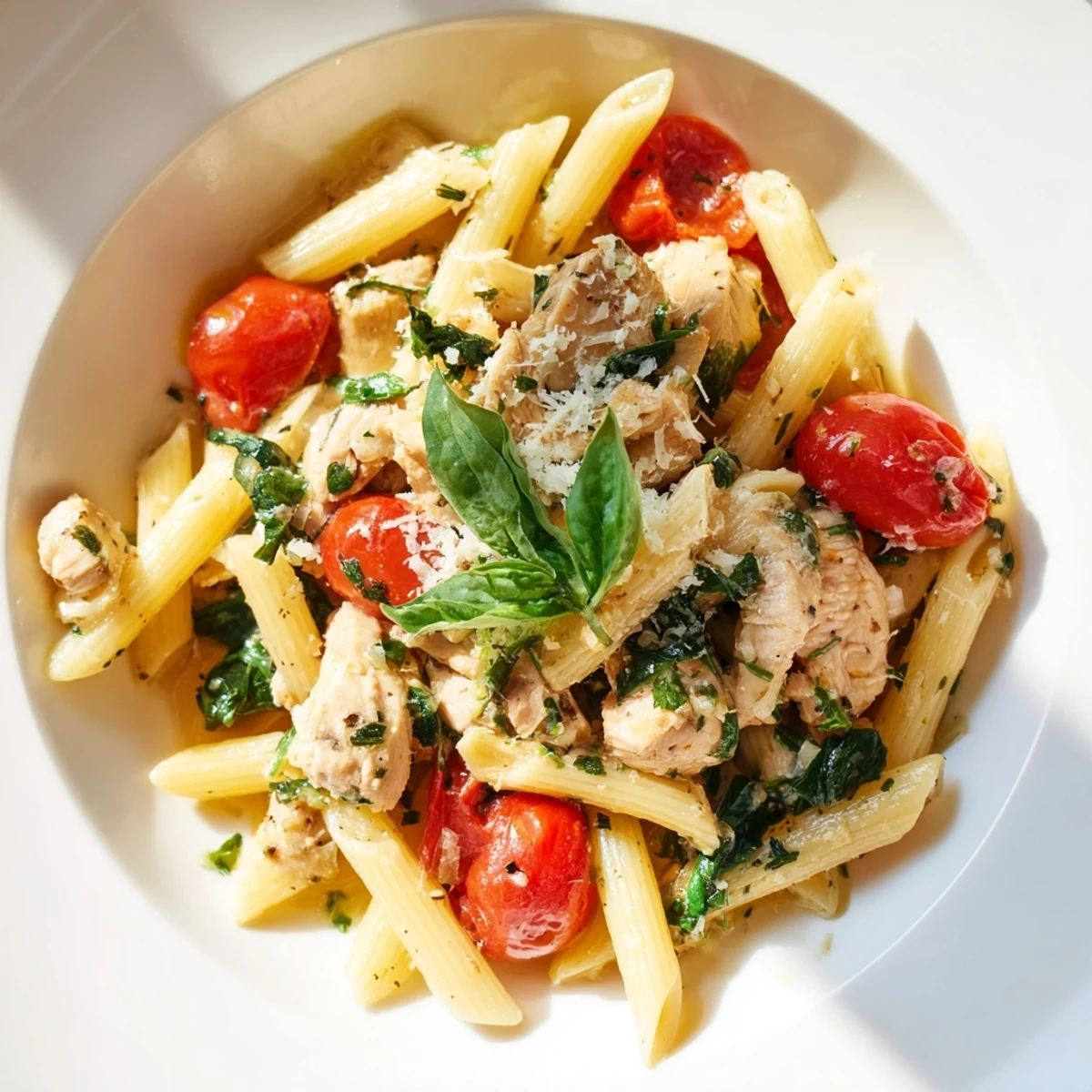 A steaming serving of One-Pan Lemon Herb Pasta Chicken plated in a white ceramic bowl, highlighting tender chicken and vibrant green herbs.