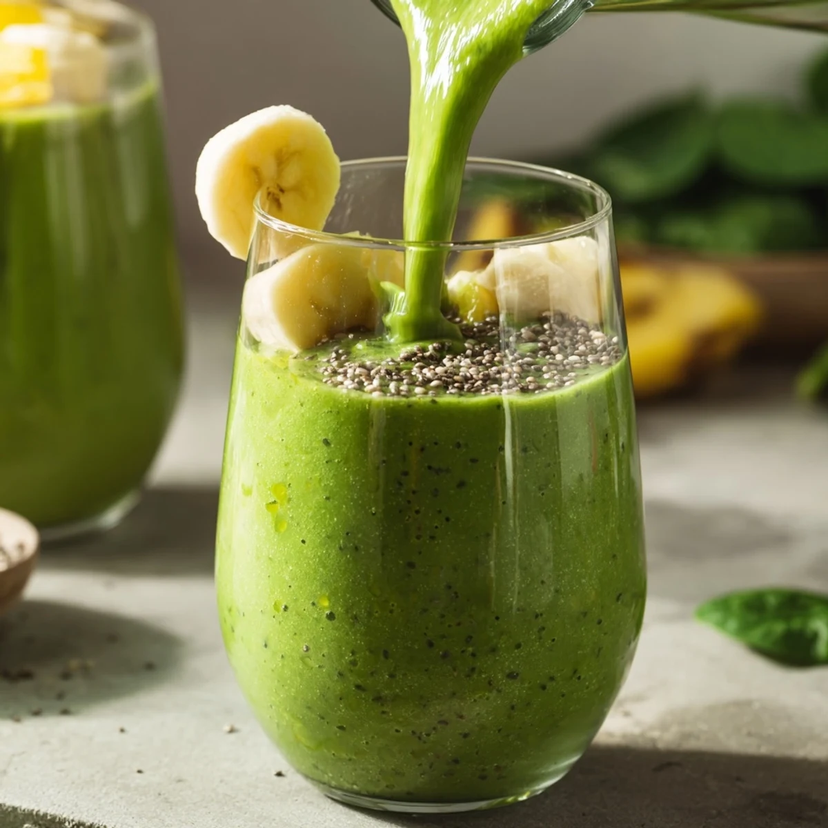 A close-up of a vibrant green Spinach-Hidden Smoothie in a glass, showing its creamy, smooth texture against a bright kitchen backdrop.