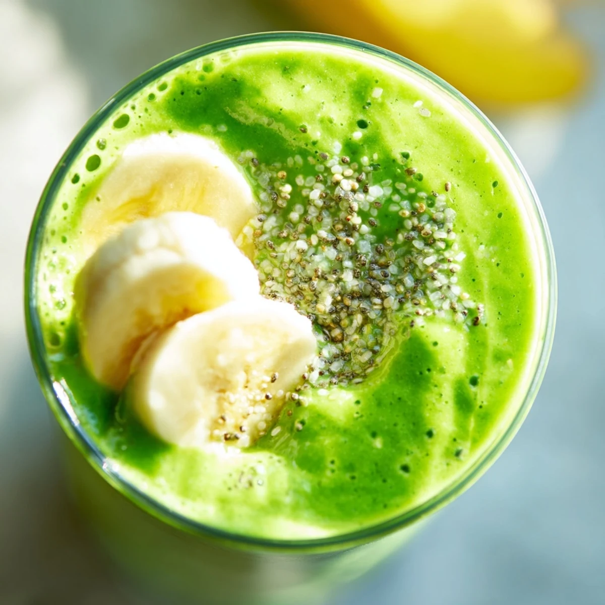 A freshly blended Spinach-Hidden Smoothie being poured into a glass, revealing its thick, frosty consistency and bright green hue.