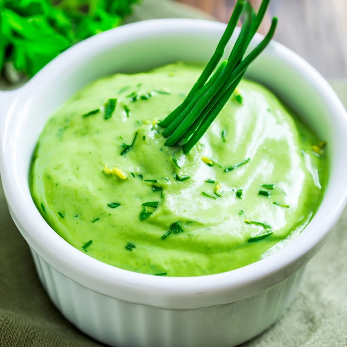 Vibrant green Goddess dressing in a glass jar, garnished with fresh herbs and lemon zest, ready for salads.  