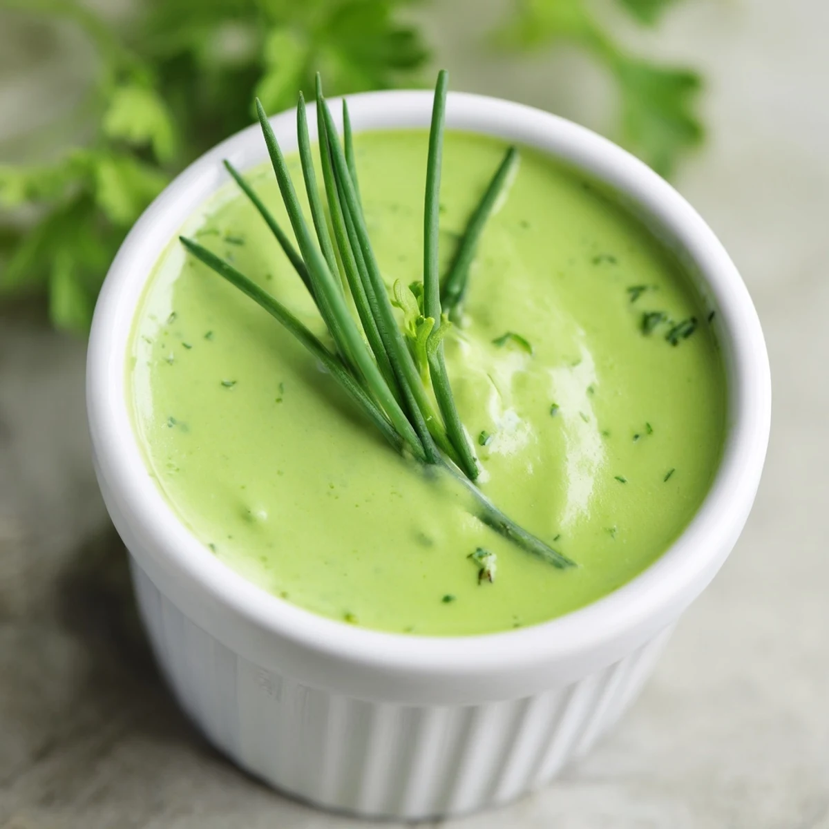 Creamy Green Goddess dressing drizzled over a crisp salad, with avocado slices and cherry tomatoes nearby.  
