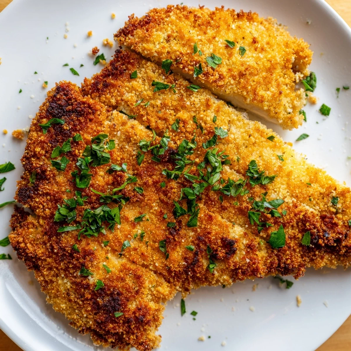 A close-up of pan-fried Crispy Parmesan Chicken Cutlet, revealing juicy, tender meat beneath its savory, golden breading.