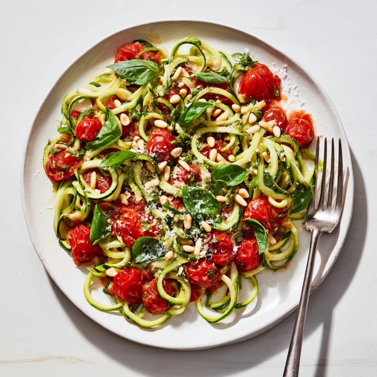 Freshly spiralized zucchini noodles tossed in a vibrant classic tomato basil sauce, garnished with a sprinkle of Parmesan cheese.  