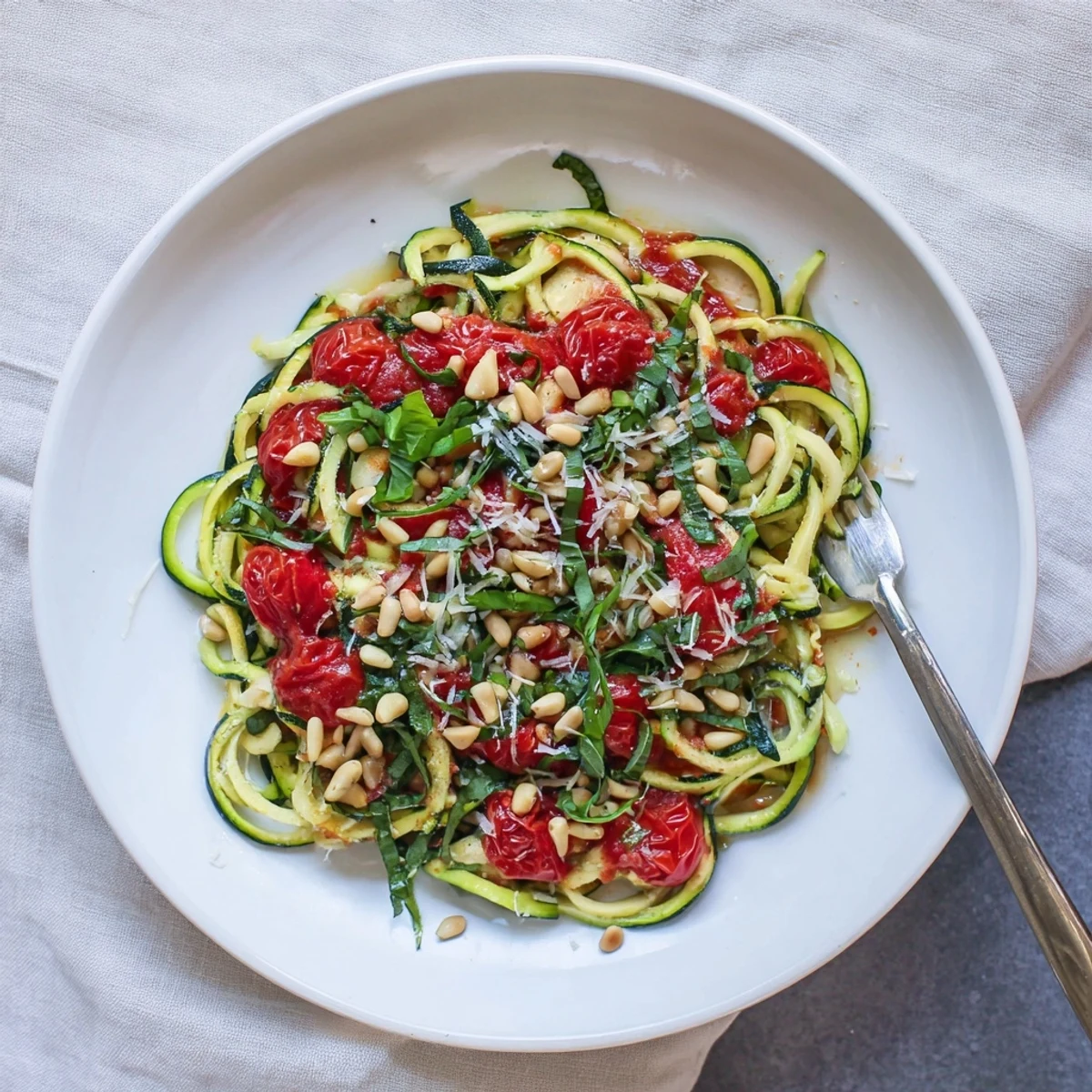 Tender zucchini noodles served in a light garlic tomato sauce, perfect for a quick, healthy, and colorful vegetarian dinner.
